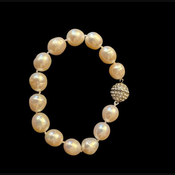 Natural Large Pearl 12.5mm Ball Pave Crystal Ball Clasp 6.75" Bracelet - Picture 6 of 13